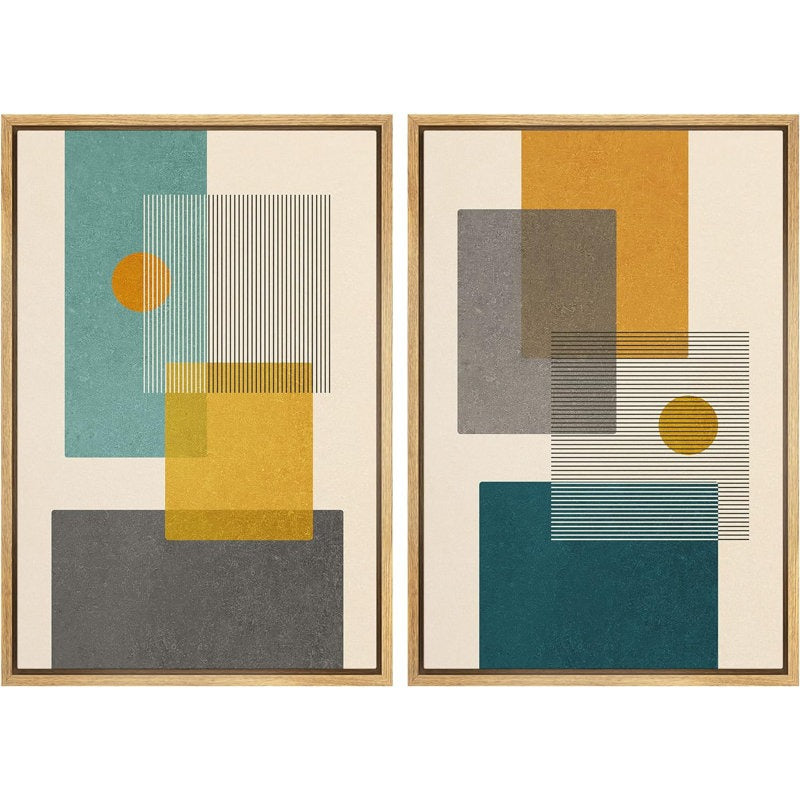 Mid-Century Green And Yellow Polygon Collage Abstract Shapes Modern 2 Pieces on Canvas