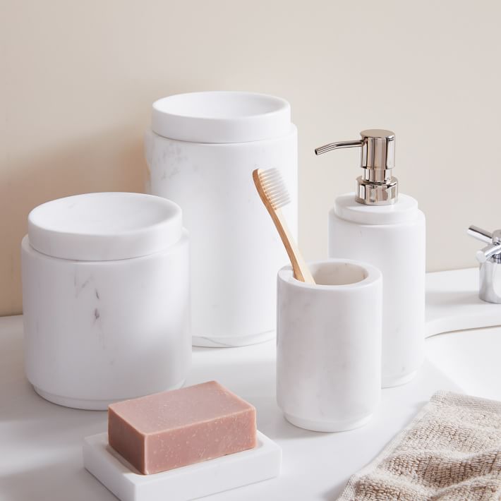 White Marbled Bath Accessories Short Canister