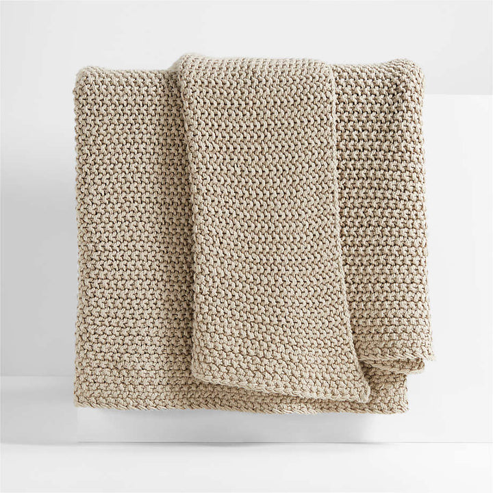 Organic Cotton Sand Beige Chunky Knit Bed Throw Blanket