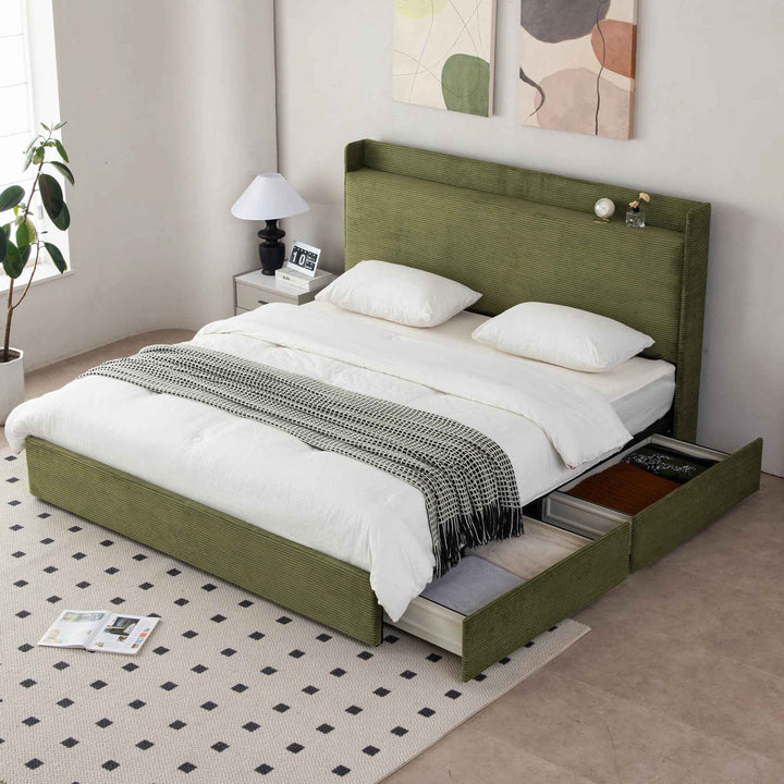 Upholstered Platform Bed with 4 Storage Drawers And Storage Headboard-King