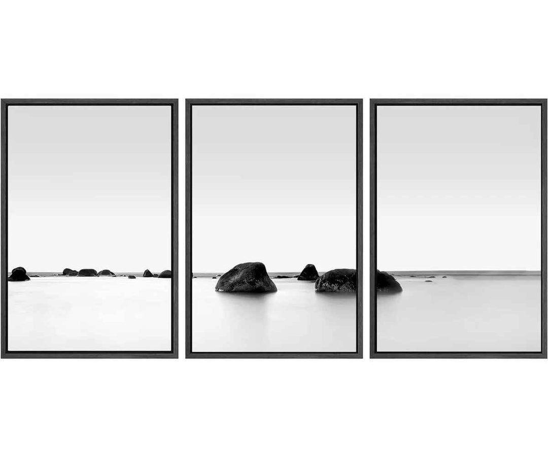 Framed Canvas Print Wall Art Set Black and White Rocky Lake Zen Seascape 3