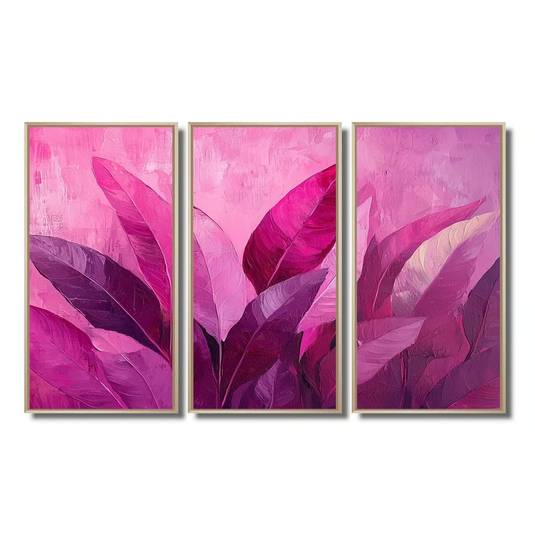 Magenta Leaves Blosoom II Leaves Wall Art Set Of 3- 32"x48"