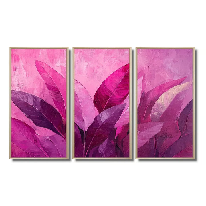 Magenta Leaves Blosoom II Leaves Wall Art Set Of 3- 32"x48"