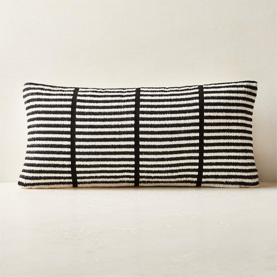 STRIA BLACK AND WHITE WOVEN SILK LUMBAR PILLOW