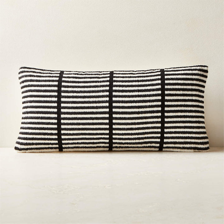 STRIA BLACK AND WHITE WOVEN SILK LUMBAR PILLOW