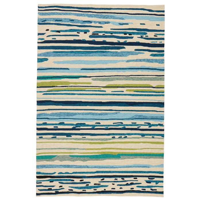 Dedrick Striped Handmade Looped Hooked Blue Light Green Indoor Outdoor Area Rug-10'x14'