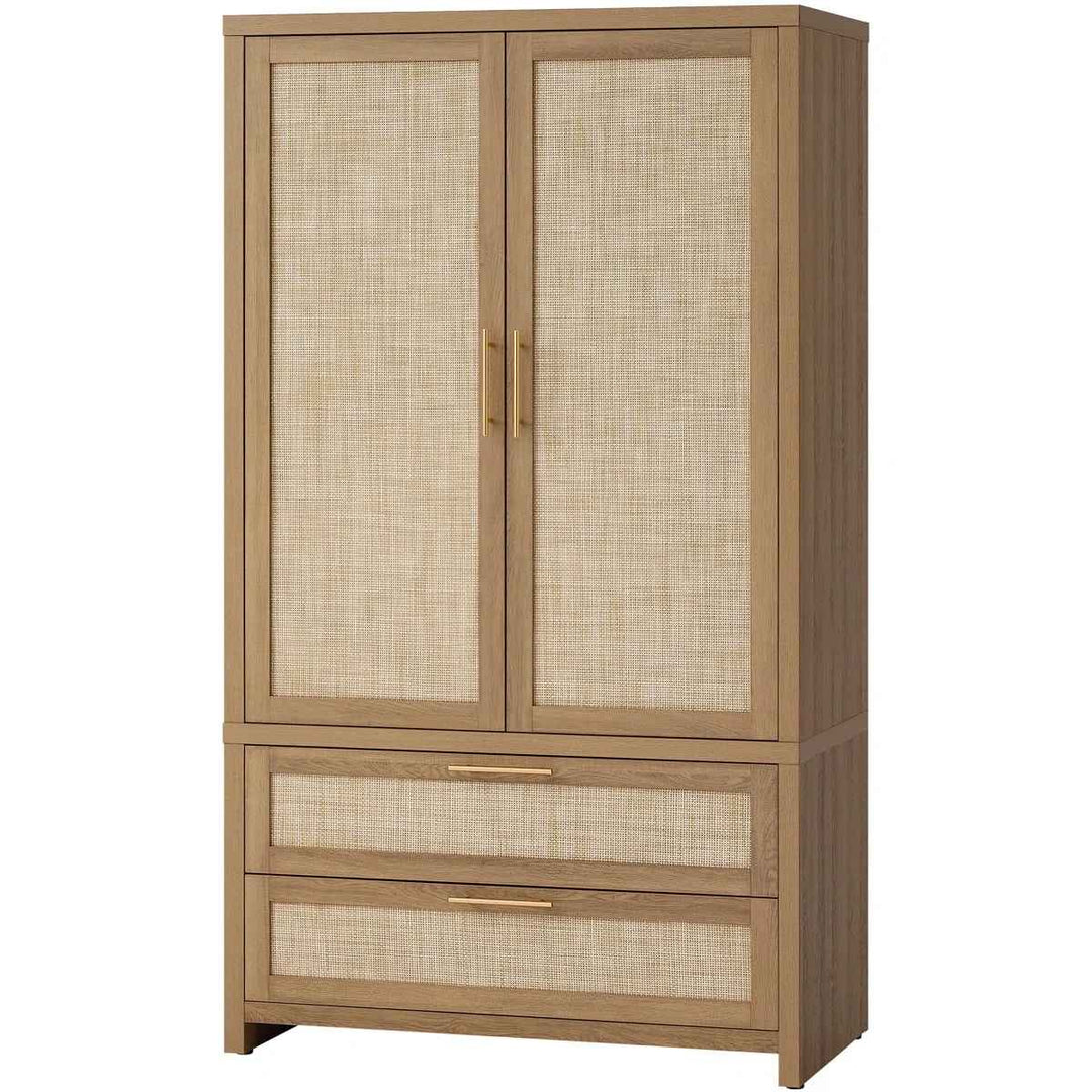 Bohemian Inspired Rattan Armoire With Adjustable Shelves