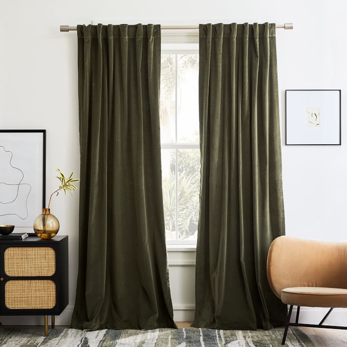 Cotton Velvet Curtain Dark Olive-96"