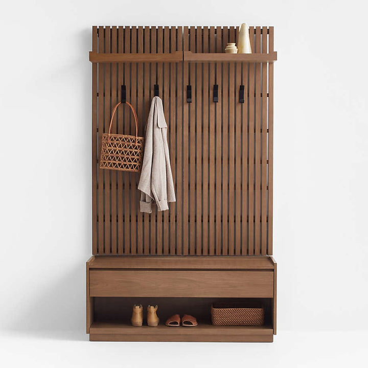 Batten Brown Oak Storage Bench and Panel Set with Flat Shelf and Coat Rack