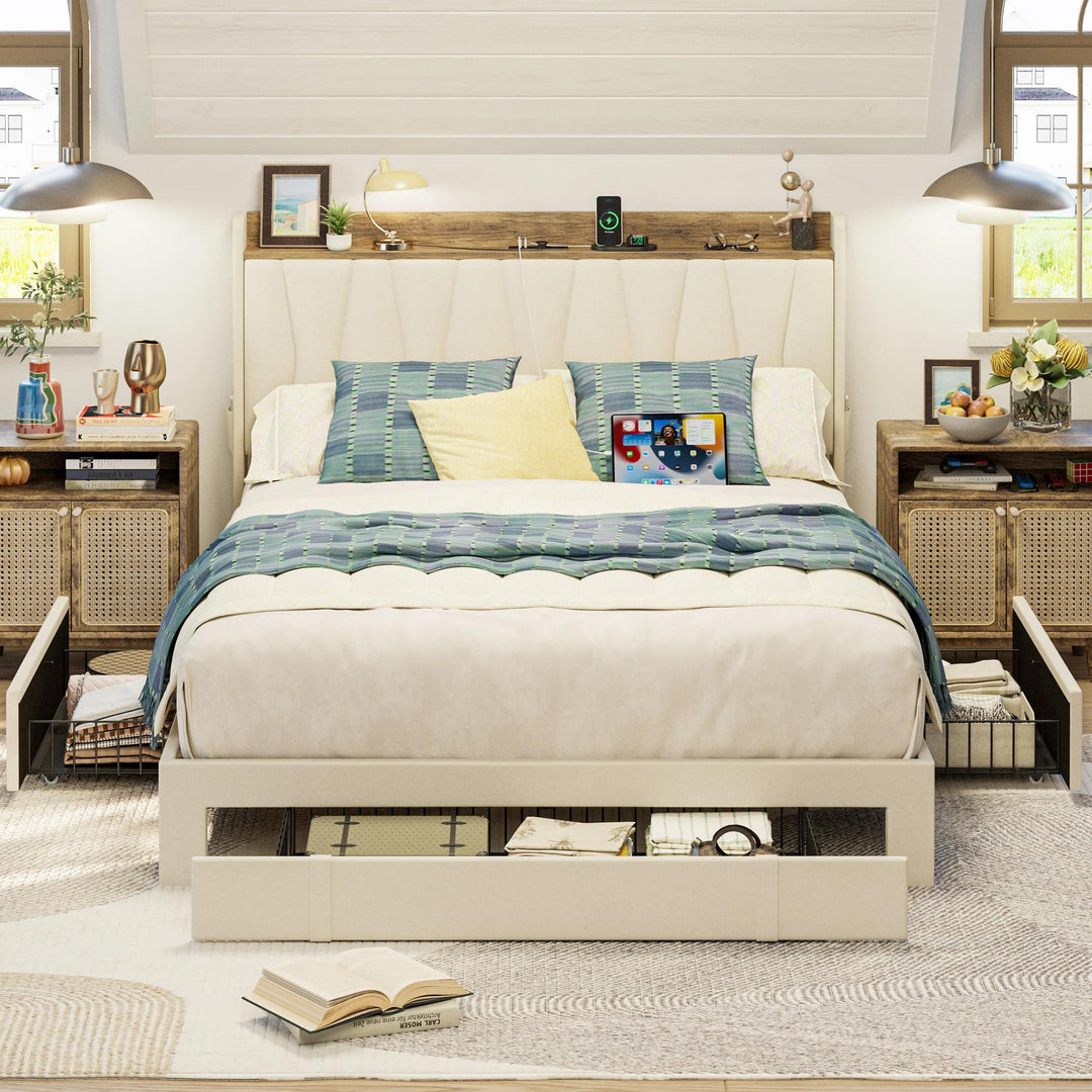 Upholstered Bed Frame with 3 Drawers_Twin