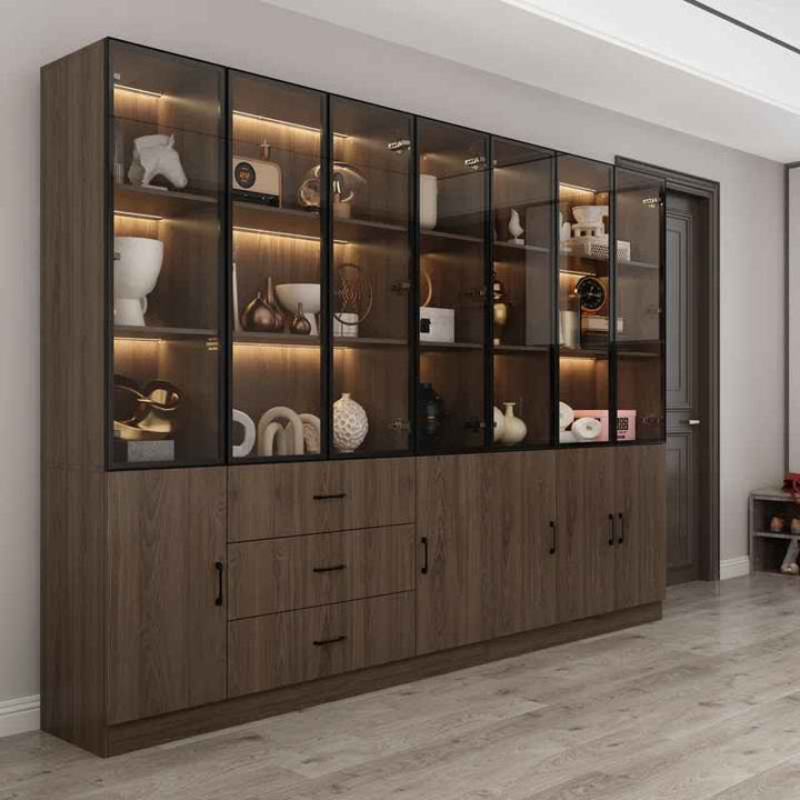 Glass Doors Display Case Curio Cabinet With Drawers