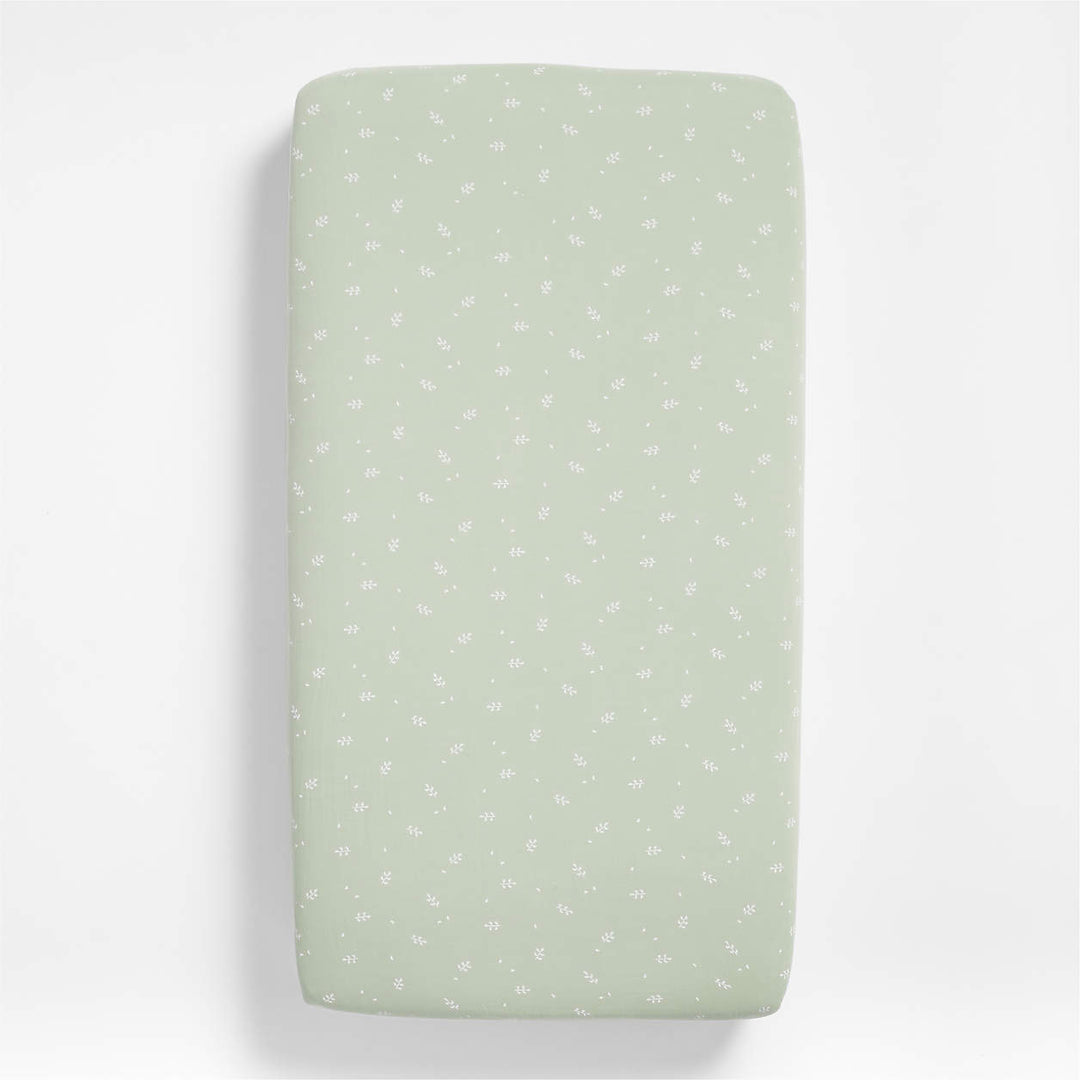 Supersoft Muted Teal Leaf Print Organic Cotton Gauze Baby Crib Fitted Sheet