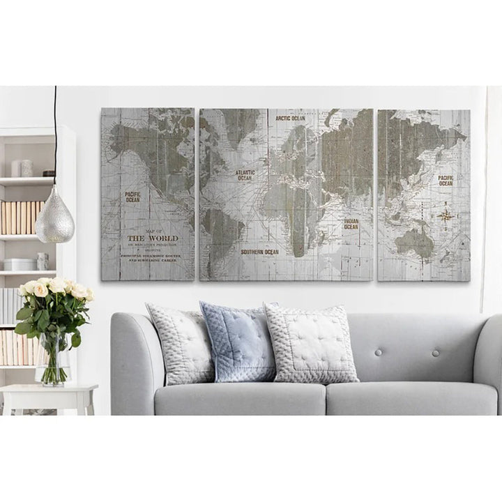 Old World Map 3 Piece Graphic Art on Canvas UnFrame 64"x32"