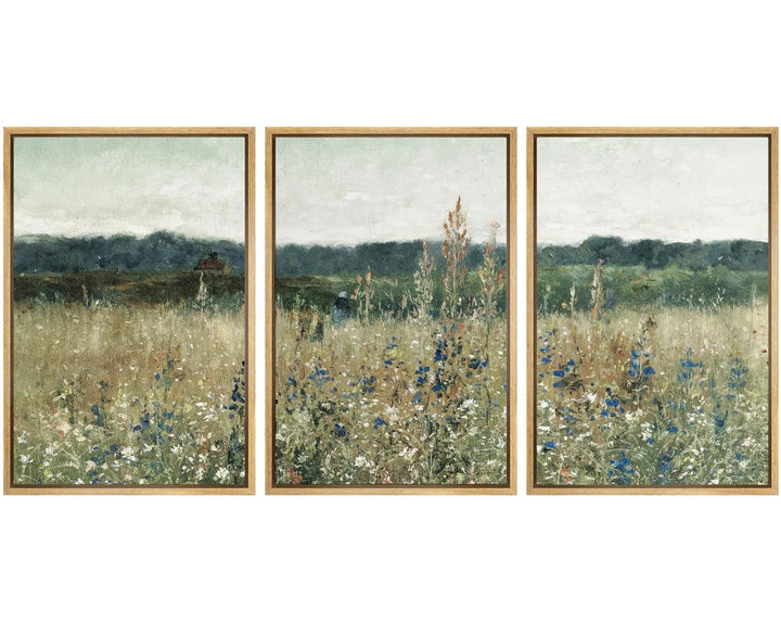 Pastoral Fields Rustic Wildflower Countryside Floral Landscape Illustration Rustic Artwork 36x24