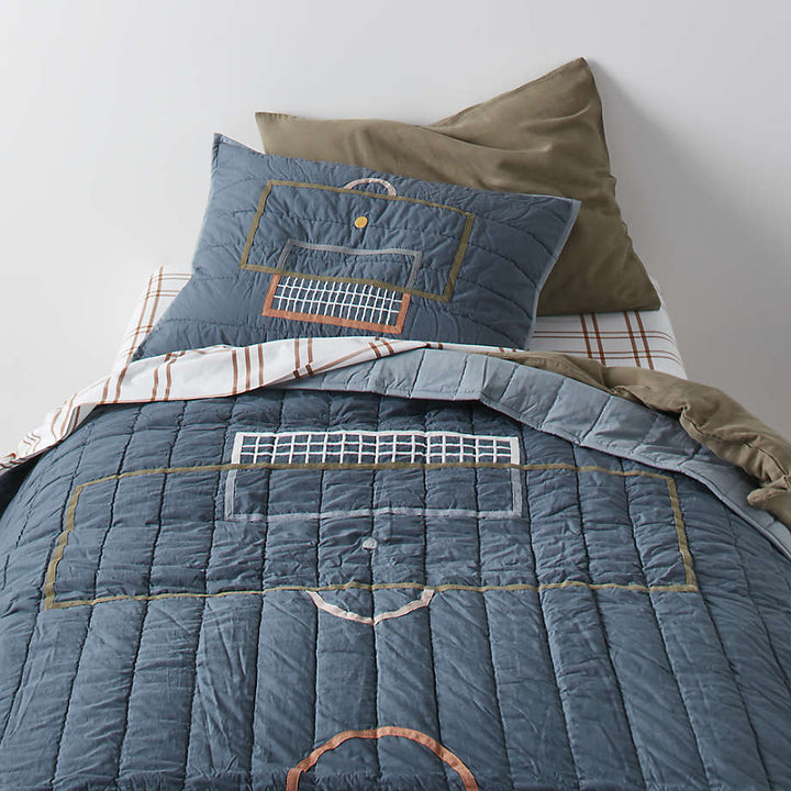 Modern Soccer Embroidered Hand Quilted Organic Cotton Kids Quilt-Twin