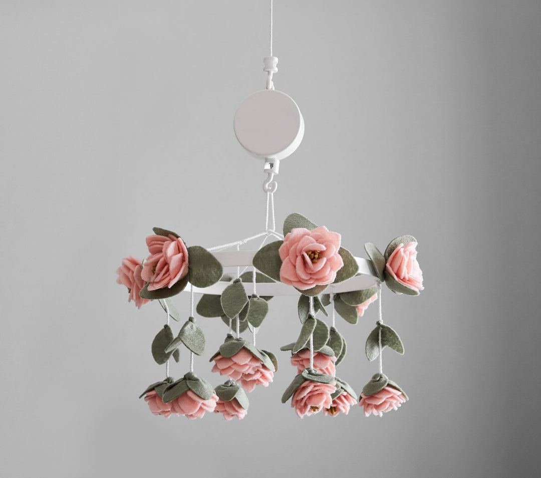 Felted Pink Roses Musical Baby Crib Mobile