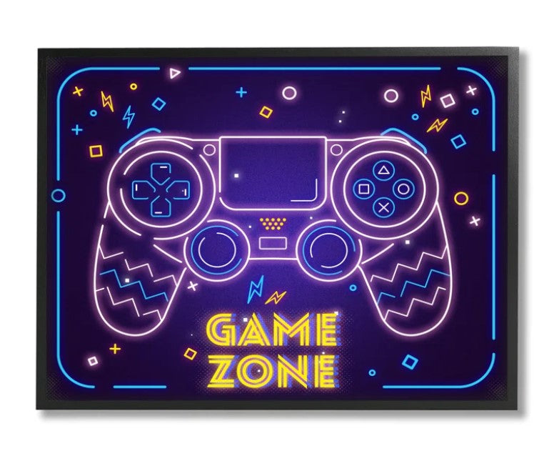 Vivid Neon Style Game Zone Arcade Gamer Sign Framed By Graphic Art