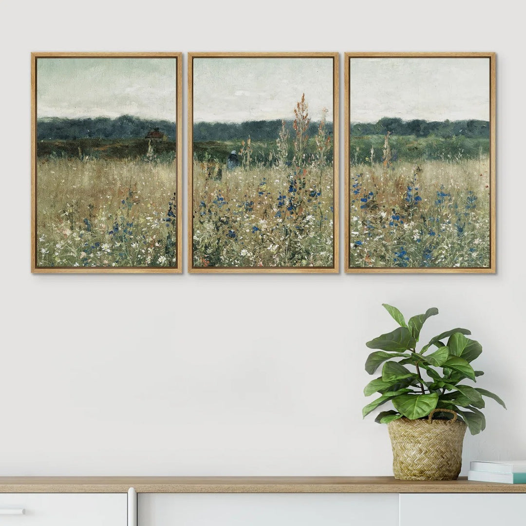 Pastoral Fields Rustic Wildflower Countryside Floral Landscape Illustration Rustic Artwork 36x24
