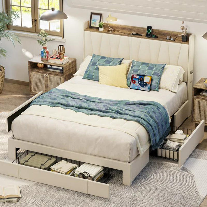 Upholstered Bed Frame with 3 Drawers_Twin
