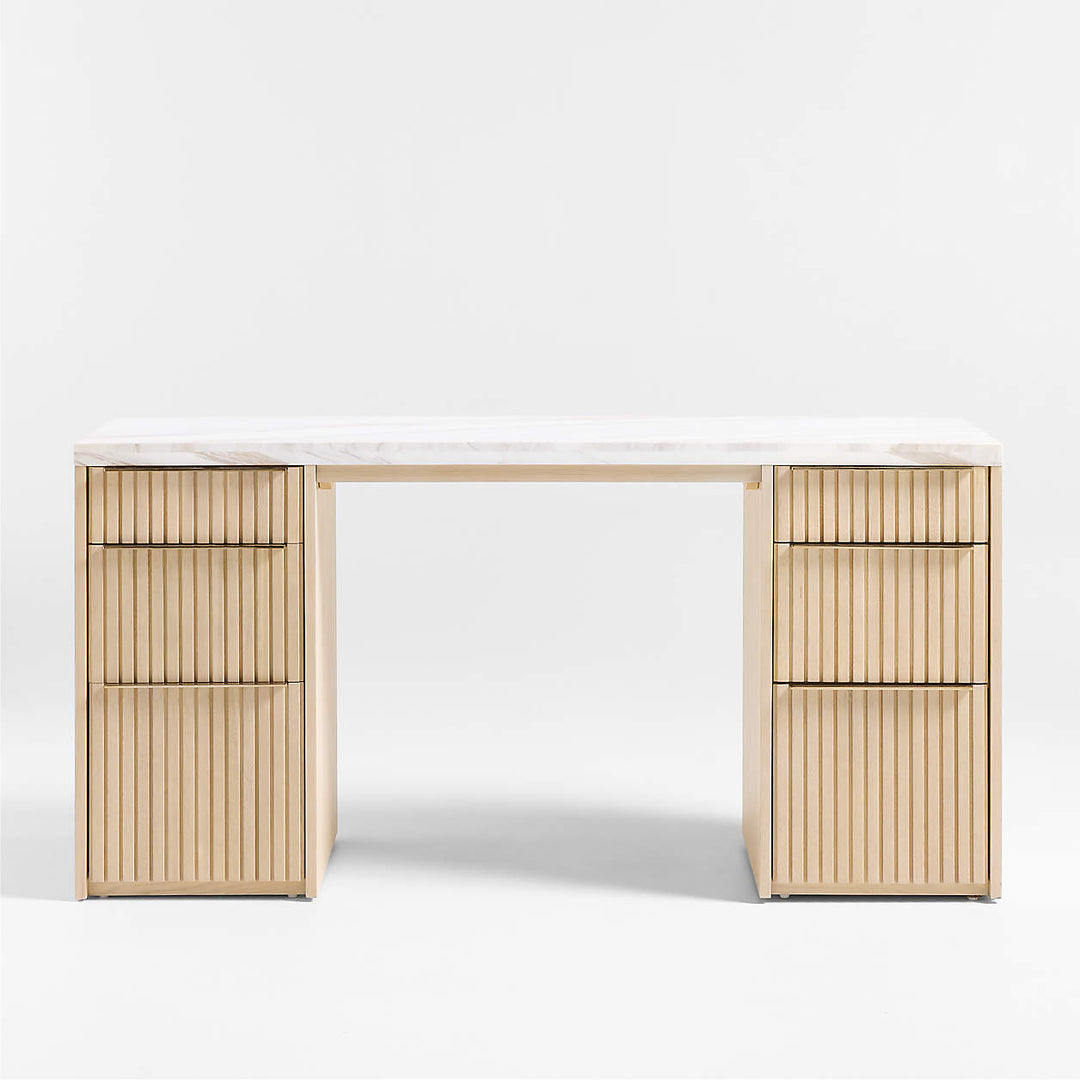 Batten Natural Oak Wood Console Desk with White Marble Top