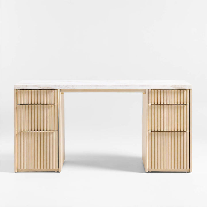 Batten Natural Oak Wood Console Desk with White Marble Top