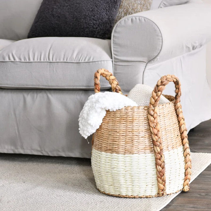 Cattail and Paper Terra Basket Two Tone Wicker Basket with Handles