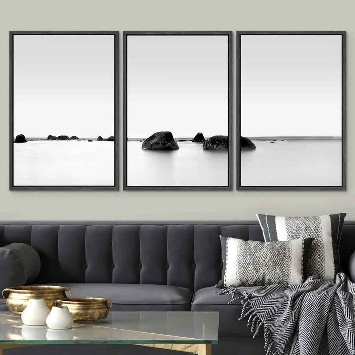 Framed Canvas Print Wall Art Set Black and White Rocky Lake Zen Seascape 3