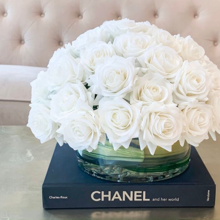 White Real Touch Rose Arrangement In Round Glass Vase