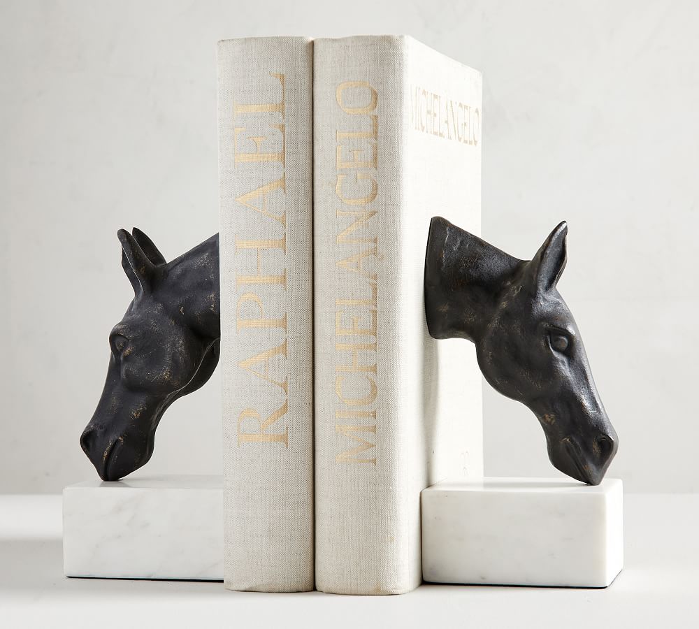 BRONZE HORSE AND MARBLE BOOKENDS