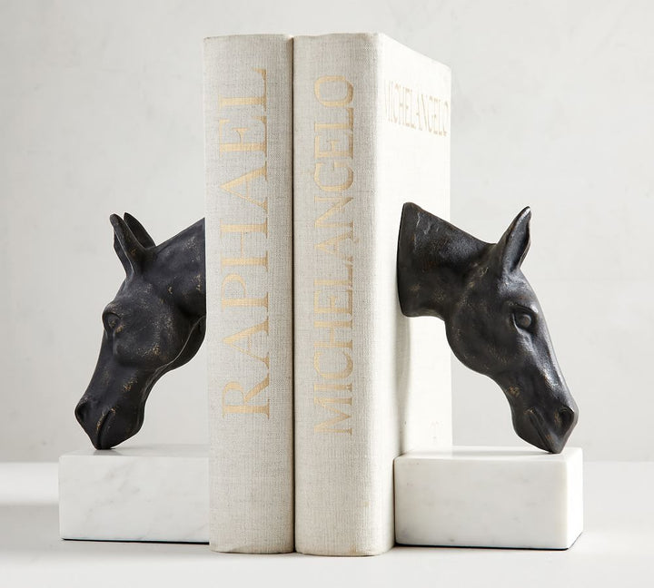 BRONZE HORSE AND MARBLE BOOKENDS
