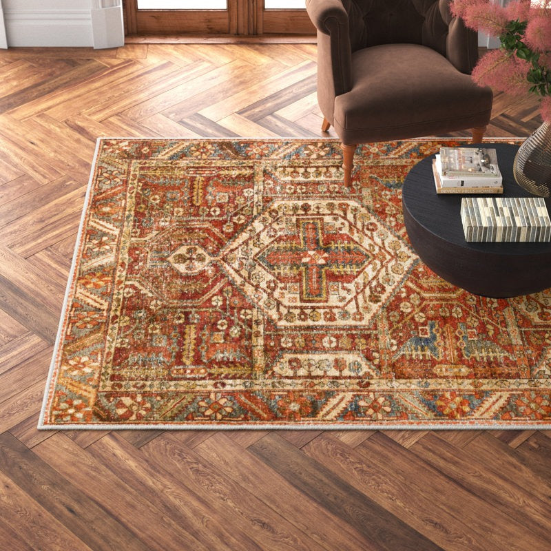 Mags Machine Washable Oriental Brick Red Rug
