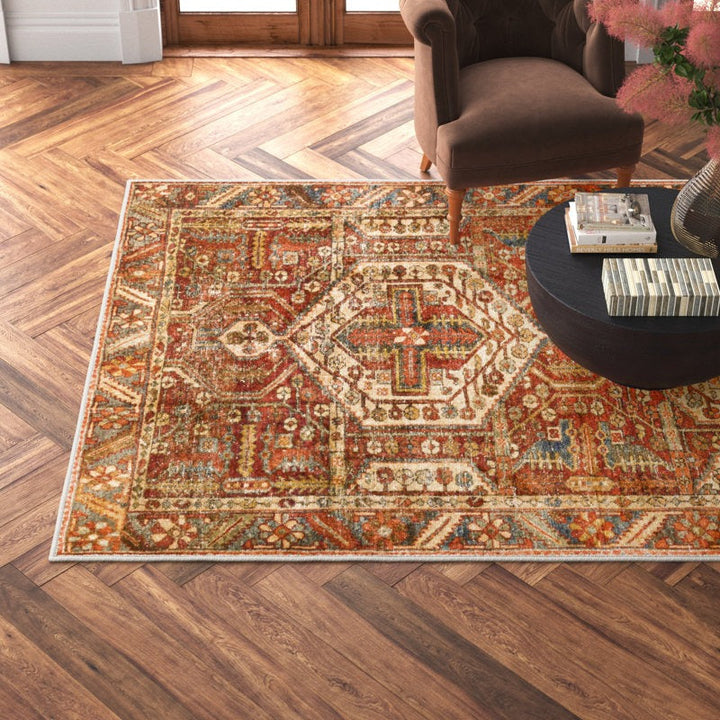 Mags Machine Washable Oriental Brick Red Rug