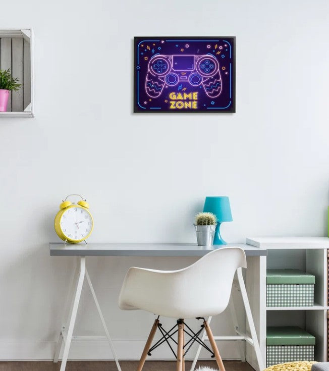 Vivid Neon Style Game Zone Arcade Gamer Sign Framed By Graphic Art