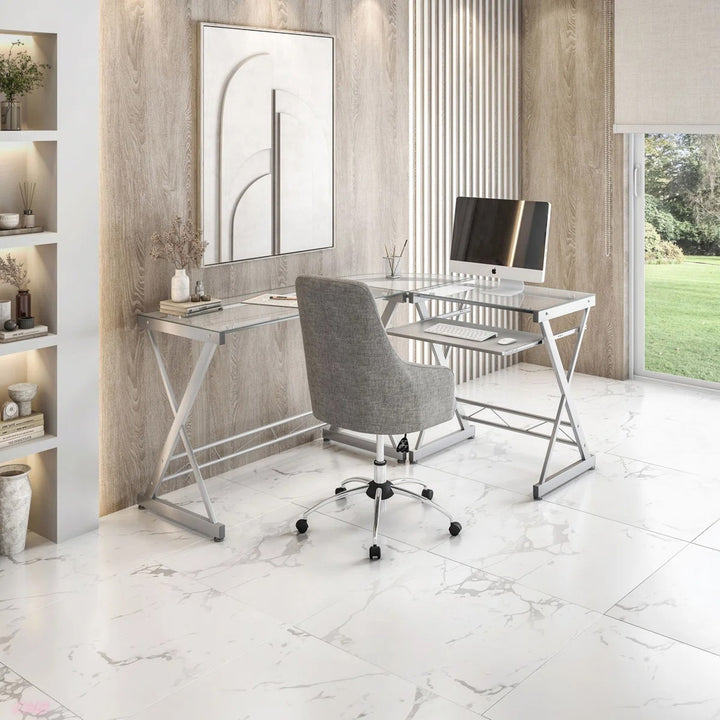 Techni Mobili L Shaped Tempered Glass Top Computer Desk