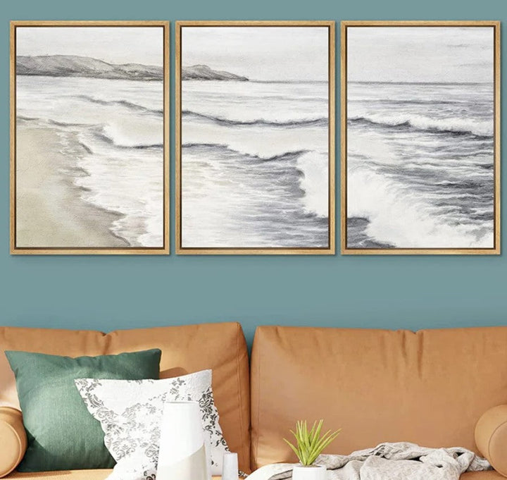 Coastal Ocean Wave Beach Shore Muted Nature Seascape Framed Wall Art