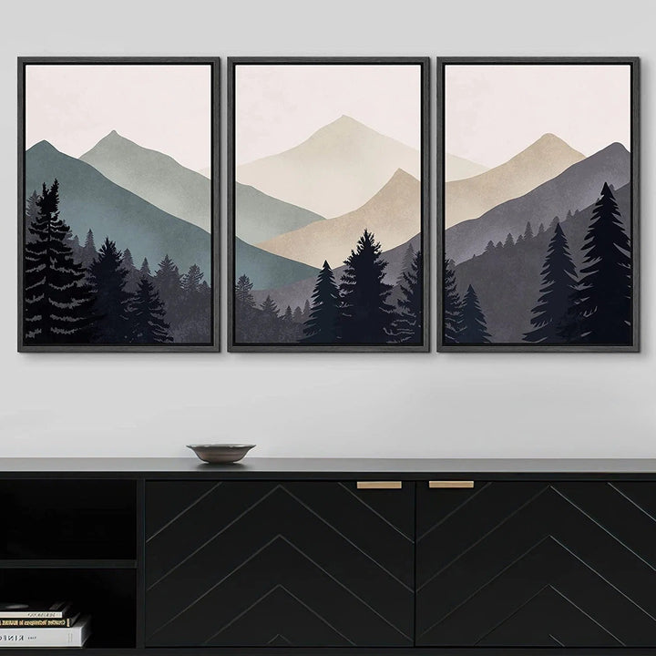 Blue Gray Duotone Mountain Forest Abstract 36X72