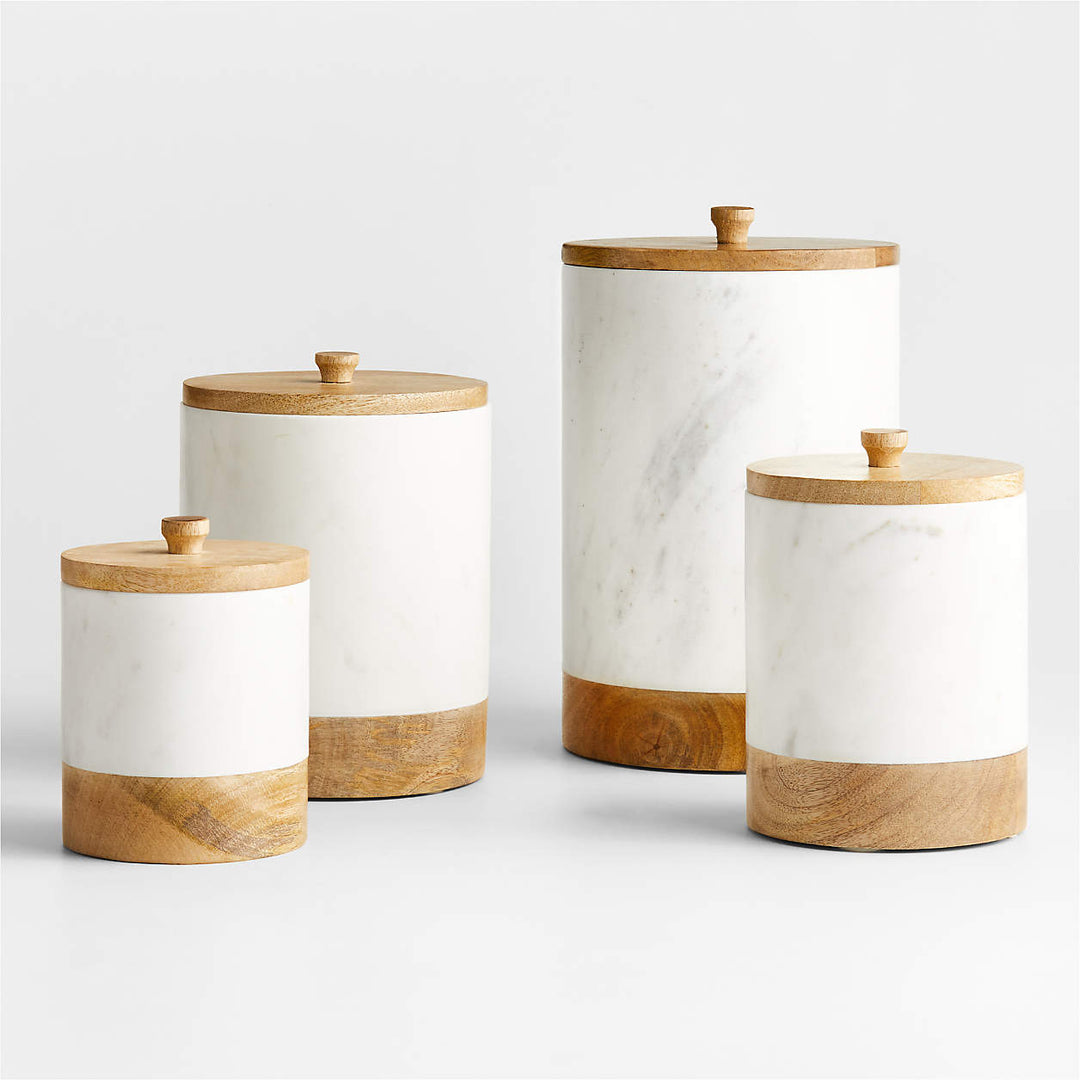 Large White Marble Canister with Wood Lid-Large