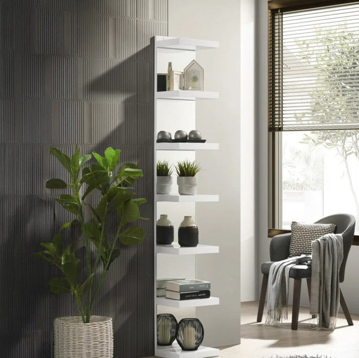 White Open Shelving Unit with Mirrored Back