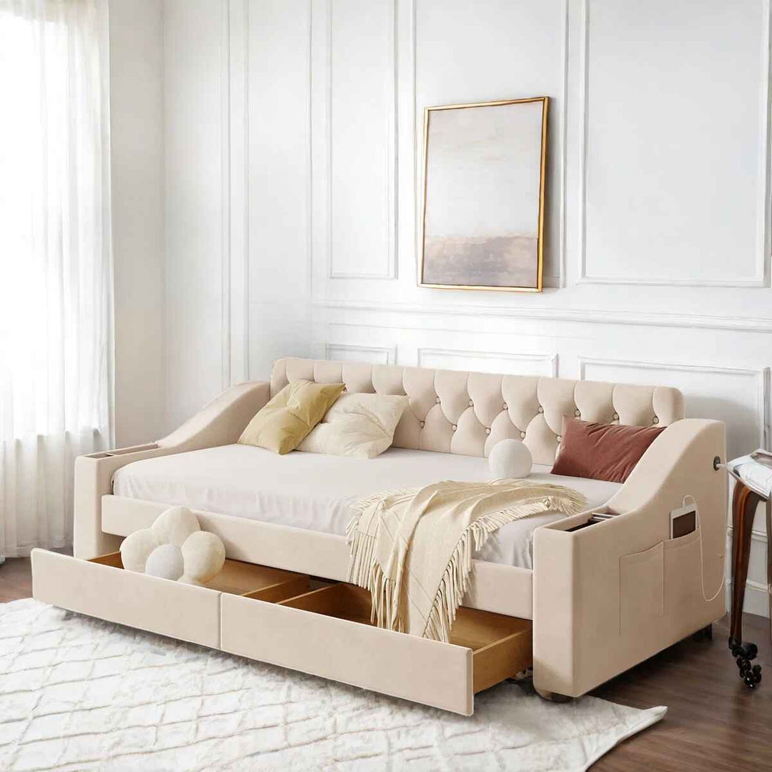Upholstered Daybed With Storage Armrests