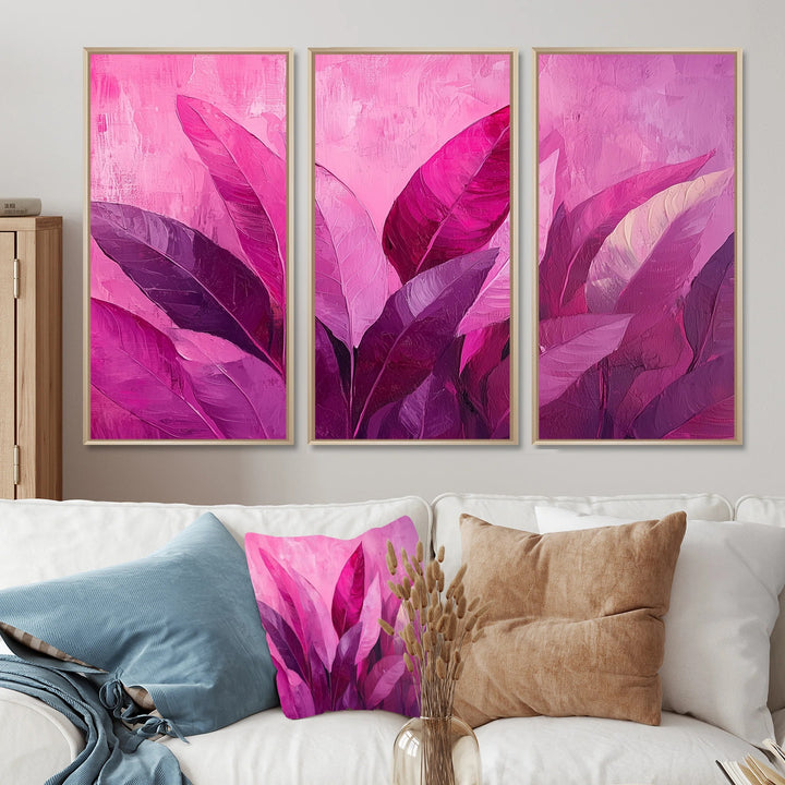 Magenta Leaves Blosoom II Leaves Wall Art Set Of 3- 32"x48"