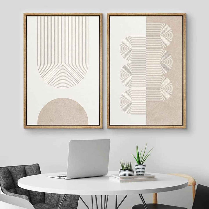 Mid Century Modern Wall Art Pastel Tan White Geometric Wave Ribbons 2