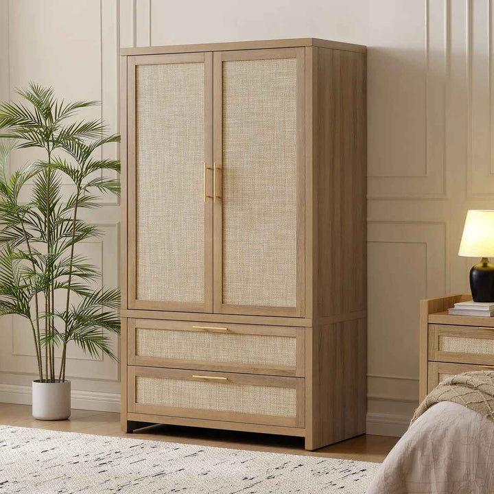 Bohemian Inspired Rattan Armoire With Adjustable Shelves
