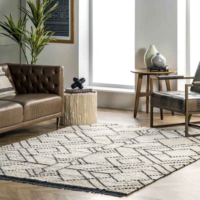 Nola Geometric Textured Shag Power Loom Performance Beige Rug-6'7"x9'2"