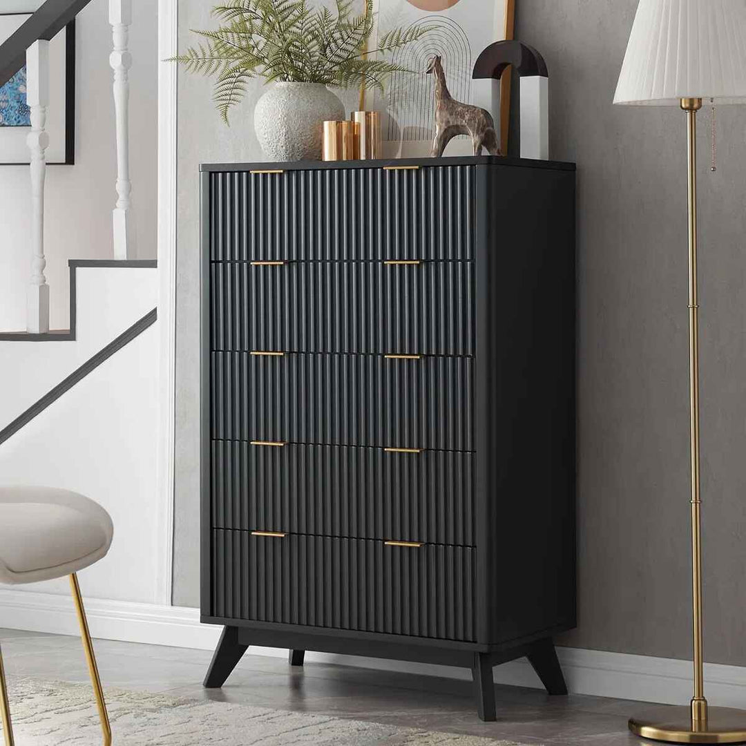 Siyuan Fluted Design 5 Drawers Dresser Organizer Wood Tall Chest of Drawers