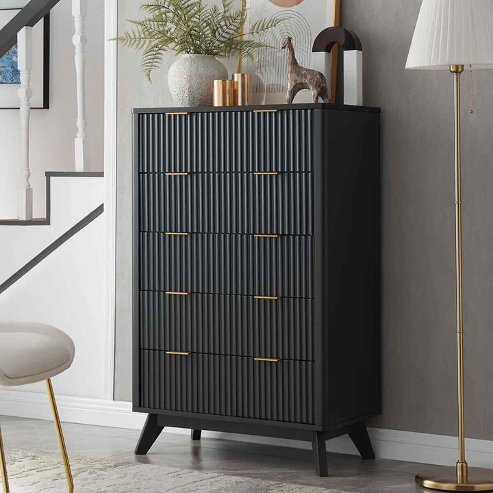 Siyuan Fluted Design 5 Drawers Dresser Organizer Wood Tall Chest of Drawers