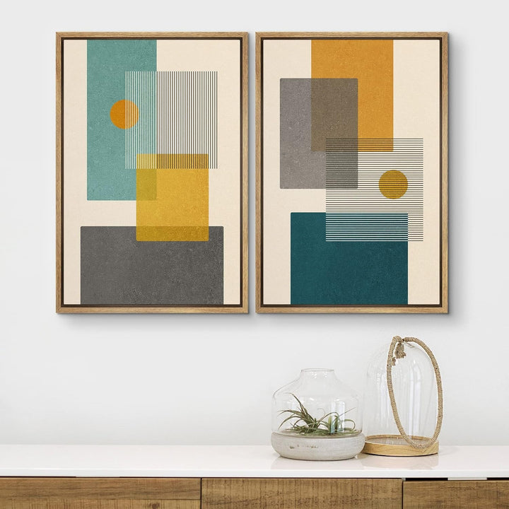 Mid-Century Green And Yellow Polygon Collage Abstract Shapes Modern 2 Pieces on Canvas