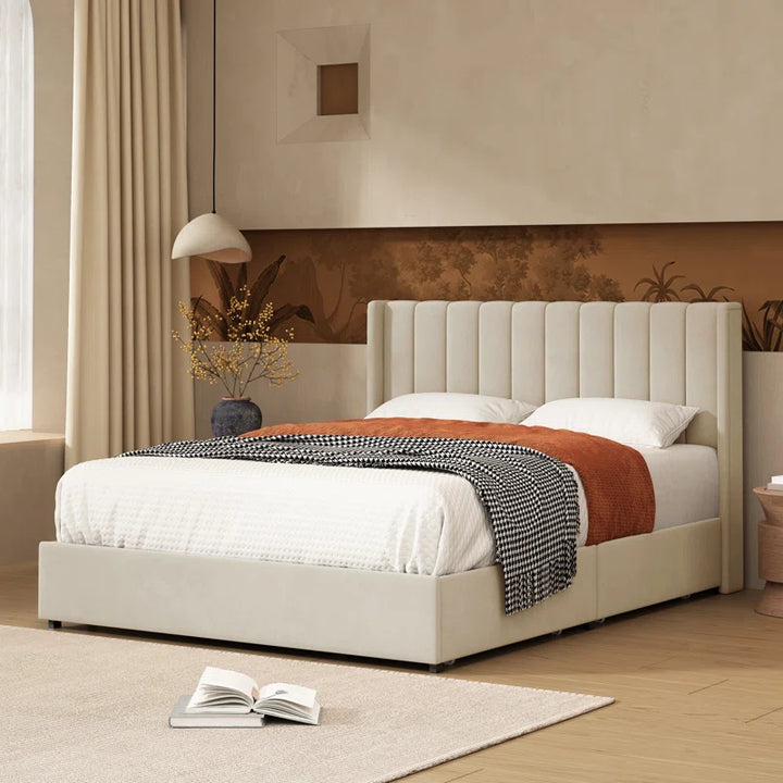 Jeilyn Upholstered Platform Drawer Storage Bed Cream