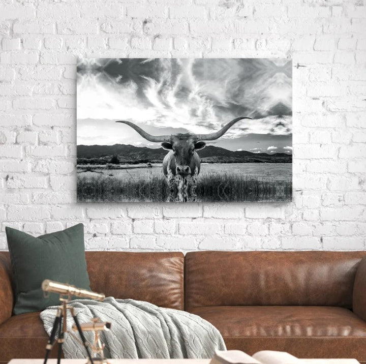 Black And White Longhorn Cow I Wrapped Canvas Photograph