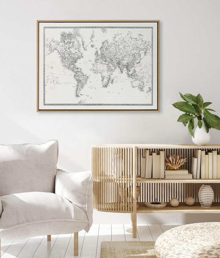 Vintage Black And White World Map BW FLINEN With Frame-28"x38"
