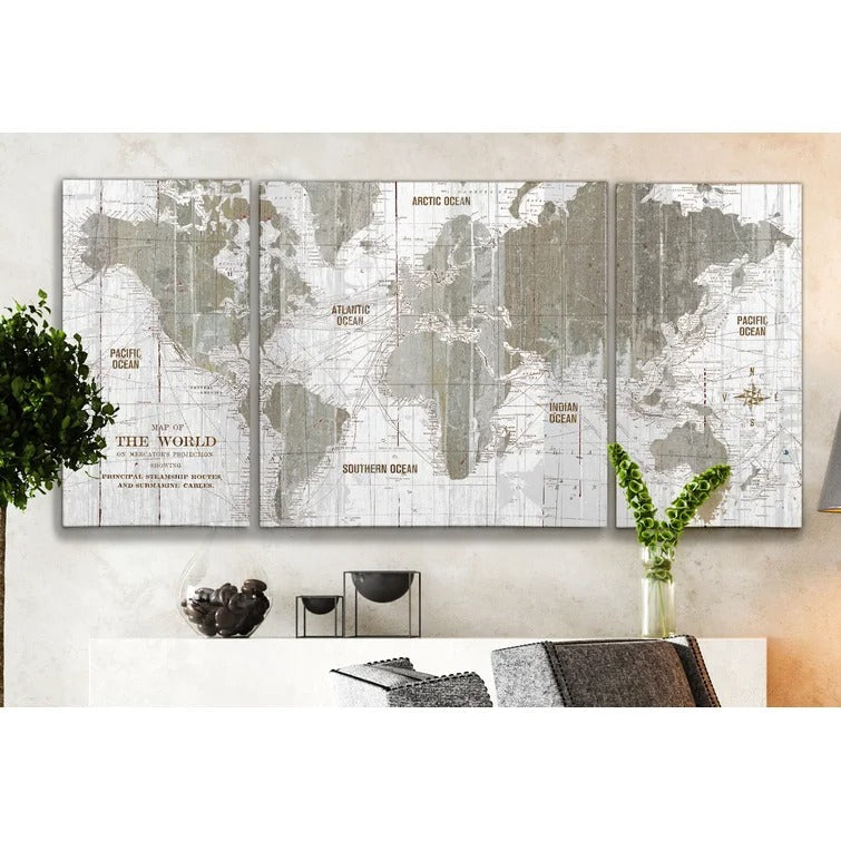 Old World Map 3 Piece Graphic Art on Canvas UnFrame 64"x32"
